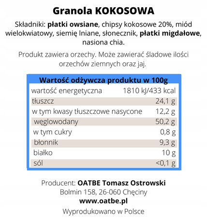 OATBE Granola KOKOSOWA 250g |Bez dodatku cukru |