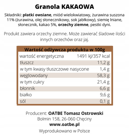 Granola kakaowa z żurawiną i miodem bez dodatku cukrów 250g OATBE